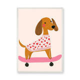 Dachshund Skateboard Kids Wall Decor – Dog in Heart Sweater on Pink Board