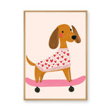 Dachshund Skateboard Kids Wall Decor – Dog in Heart Sweater on Pink Board