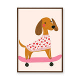 Dachshund Skateboard Kids Wall Decor – Dog in Heart Sweater on Pink Board