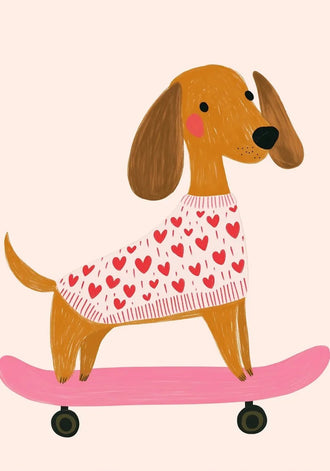 Dachshund Skateboard Kids Wall Decor – Dog in Heart Sweater on Pink Board