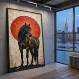 Dark Horse Modern Wall Art Poster – Black Horse Before a Large Red Sun