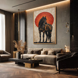 Dark Horse Modern Wall Art Poster – Black Horse Before a Large Red Sun