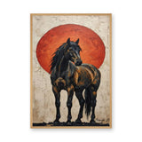 Dark Horse Modern Wall Art Poster – Black Horse Before a Large Red Sun