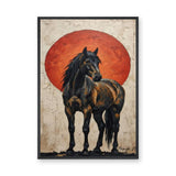 Dark Horse Modern Wall Art Poster – Black Horse Before a Large Red Sun