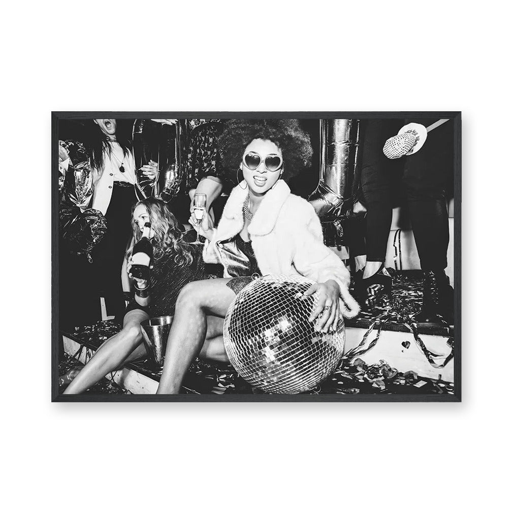 Disco Party Photography Modern Wall Art Poster – Black and White Mirror Ball Scene