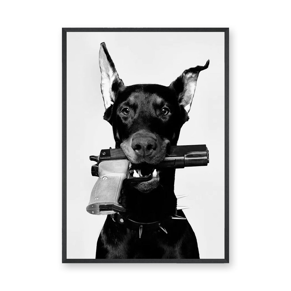 Doberman Modern Wall Art Print – Black and White Armed Dog Portrait