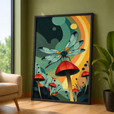 Dragonfly Mushroom Surreal Wall Decor – Retro Botanical Fantasy Garden