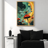 Dragonfly Mushroom Surreal Wall Decor – Retro Botanical Fantasy Garden