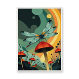 Dragonfly Mushroom Surreal Wall Decor – Retro Botanical Fantasy Garden