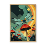 Dragonfly Mushroom Surreal Wall Decor – Retro Botanical Fantasy Garden