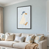 Duck Kids Wall Art Print – Cream Duck in Blue Cap on Pale Stripes