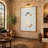 Duck Kids Wall Art Print – Cream Duck in Blue Cap on Pale Stripes