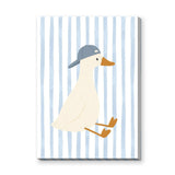 Duck Kids Wall Art Print – Cream Duck in Blue Cap on Pale Stripes
