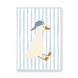 Duck Kids Wall Art Print – Cream Duck in Blue Cap on Pale Stripes