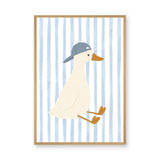 Duck Kids Wall Art Print – Cream Duck in Blue Cap on Pale Stripes