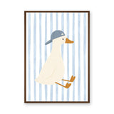 Duck Kids Wall Art Print – Cream Duck in Blue Cap on Pale Stripes