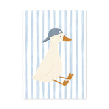 Duck Kids Wall Art Print – Cream Duck in Blue Cap on Pale Stripes