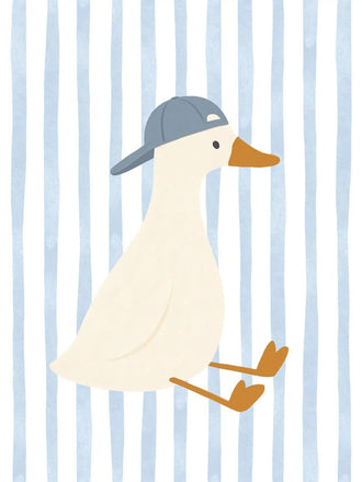 Duck Kids Wall Art Print – Cream Duck in Blue Cap on Pale Stripes