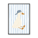 Duck Kids Wall Art Print – Cream Duck in Blue Cap on Pale Stripes