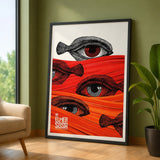 Fantasy Surreal Pop Art Wall Art Poster – Red Fish Eyes and Bold Typography