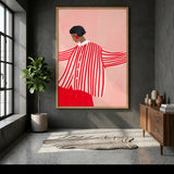 Fashion Portrait Modern Wall Decor – Red Striped Portrait on Pink