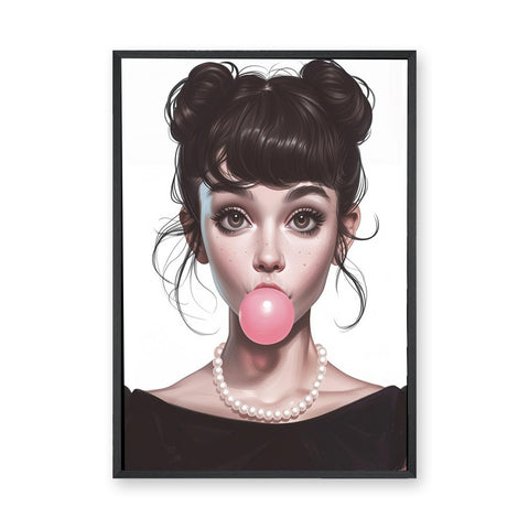 Fashion Portrait Pop-Art Wall Art Poster – Big-Eyed Girl Blowing Pink Bubble Gum