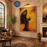 Female Silhouette Abstract Wall Art Poster – Swirling Orange Figure Print