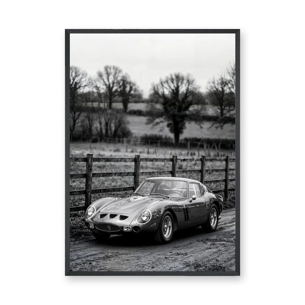 Ferrari 250 GTO Vintage Wall Art Print – Black and White Countryside Photo