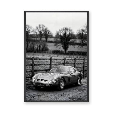 Ferrari 250 GTO Vintage Wall Art Print – Black and White Countryside Photo