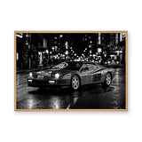 Ferrari Testarossa Retro Wall Art Print – Black and White Rainy City Street