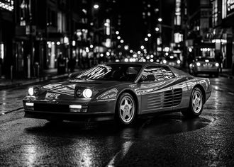 Ferrari Testarossa Retro Wall Art Print – Black and White Rainy City Street