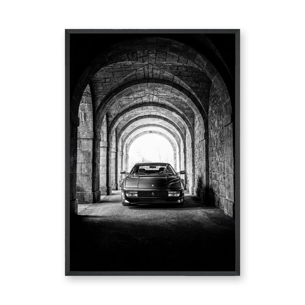 Ferrari Testarossa Vintage Wall Art Print – Black-and-White Archway Photo