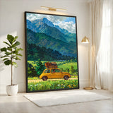 Fiat 500 Mountain Landscape Retro Wall Art Poster – Yellow Road Trip Print