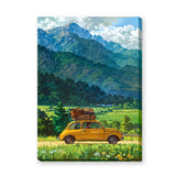 Fiat 500 Mountain Landscape Retro Wall Art Poster – Yellow Road Trip Print