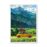 Fiat 500 Mountain Landscape Retro Wall Art Poster – Yellow Road Trip Print
