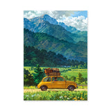 Fiat 500 Mountain Landscape Retro Wall Art Poster – Yellow Road Trip Print