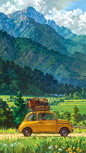 Fiat 500 Mountain Landscape Retro Wall Art Poster – Yellow Road Trip Print