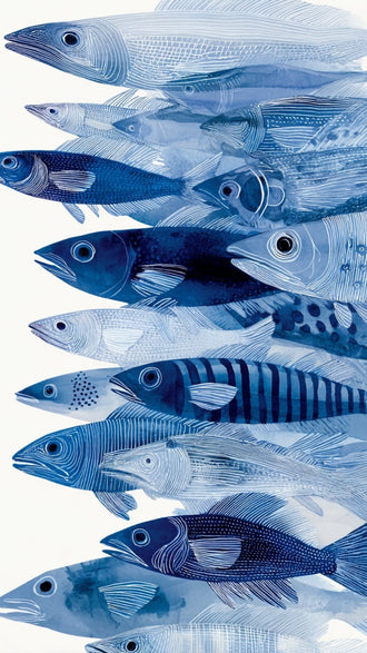 Fish Coastal Wall Art Poster – Layered Blue Line Art Sea Life Print
