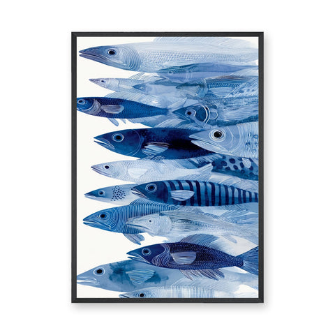 Fish Coastal Wall Art Poster – Layered Blue Line Art Sea Life Print