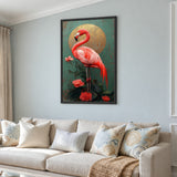 Flamingo Botanical Vintage Wall Art Poster – Pink Tropical Flowers and Gold Sun