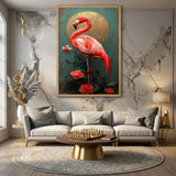 Flamingo Botanical Vintage Wall Art Poster – Pink Tropical Flowers and Gold Sun