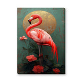 Flamingo Botanical Vintage Wall Art Poster – Pink Tropical Flowers and Gold Sun
