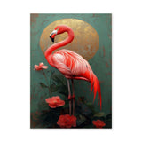 Flamingo Botanical Vintage Wall Art Poster – Pink Tropical Flowers and Gold Sun