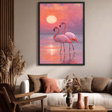 Flamingo Sunset Modern Wall Decor – Pastel Pink Coastal Scene