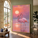 Flamingo Sunset Modern Wall Decor – Pastel Pink Coastal Scene