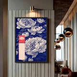 Floral Botanical Wall Decor – Navy Peony Pattern with Red Grid Accent