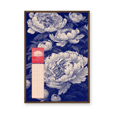 Floral Botanical Wall Decor – Navy Peony Pattern with Red Grid Accent