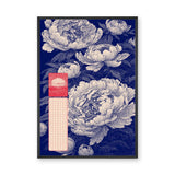 Floral Botanical Wall Decor – Navy Peony Pattern with Red Grid Accent