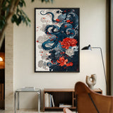 Floral Octopus Traditional Wall Art Print – Navy Sea Life With Red Blossoms