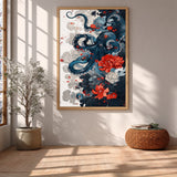 Floral Octopus Traditional Wall Art Print – Navy Sea Life With Red Blossoms